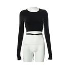 Camiseta Curta Preta Sem Costas Com Renda E Decote Em O, Manga Comprida, Slim Fit, Para Mulheres,
