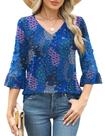 Camiseta de algodão Rapbin para mulheres de manga 3/4 com decote em V azul floral