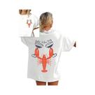 Camiseta De Manga Curta Com Estampa De Lagosta E Taça De Vinho, Casual E Versátil Para O Verão E Uso