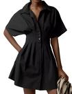 Camiseta Dsewpaur Button Front Plissada Listrada Feminina Preta