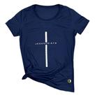 Camiseta Feminina Azul Jesus Cristo Cruz Prata