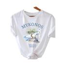 Camiseta Feminina Casual De Manga Curta Com Padrão Grego, Branca, Azul Claro, Mykonos Island Camiseta Feminina Casual De Manga Curta Com Padrão Grego, Branca, Azul Claro, Mykonos Island