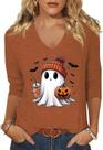 Camiseta feminina CGTPI Halloween Ghost com decote em V, manga 3/4, marrom