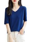 Camiseta feminina Chanyarn 100% lã merino de camada base com decote em V, manga curta, camiseta de viagem e caminhada (azul marinho, S)