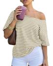 Camiseta feminina Cioatin de tamanho grande, sem ombros, listrada, Y2K