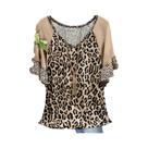 Camiseta feminina com gola v estampada leopardo, manga curta, roupas casuais, plus size