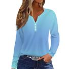 Camiseta feminina COTECRAM com botão, decote em V, manga comprida, B, azul claro