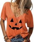 Camiseta feminina Danedvi de Halloween com decote em V profundo com estampa de abóbora