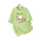 Camiseta Feminina De Algodão Para O Verão Com Estampa De Gato Dormindo, Gola Redonda, Macia E Solta,