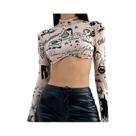 Camiseta Feminina De Manga Longa Com Gola Semi Alta E Estampa De Primavera Verão - Mais Vendida