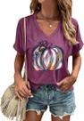 Camiseta feminina de outono KYVPO Pumpkin com decote em V roxa L