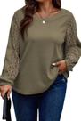 Camiseta feminina de outono Top Eytino plus size com manga de renda verde