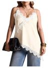 Camiseta feminina de renda BEAUDRM branca com decote em V assimétrica