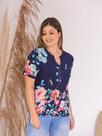 Camiseta Feminina Estampada Floral com Botões Viscose Premium - Azul