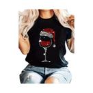 Camiseta Feminina Festiva De Natal E Ação De Graças Com Estampa De Chapéu De Papai Noel E Taça De