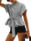 Camiseta feminina Fisoew de verão de mangas curtas com gravata frontal cinza