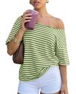 Camiseta feminina KIGRAD Y2k Off Shoulder listrada de tamanho grande
