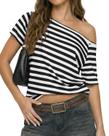 Camiseta feminina KIGRAD Y2k Preppy Listrada One Off Shoulder Camiseta feminina KIGRAD Y2k Preppy Listrada One Off Shoulder