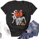 Camiseta feminina Laibao, cabeça de abóbora, esqueleto, cinza, algodão XXL Camiseta feminina Laibao, cabeça de abóbora, esqueleto, cinza, algodão XXL