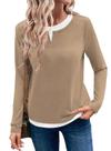 Camiseta feminina LOLONG Color Block, outono, manga comprida, marrom