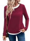 Camiseta feminina LOLONG de outono de manga comprida Color Block Burgundy