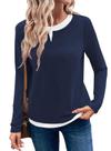 Camiseta feminina LOLONG, outono, manga comprida, bloco colorido, azul escuro
