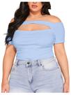 Camiseta feminina MakeMeChic, tamanho grande, sem ombros, azul Camiseta feminina MakeMeChic, tamanho grande, sem ombros, azul