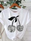 Camiseta Feminina Manga Curta com Estampa de Cereja Prateada - Gola Redonda - Top Casual de Verão Camiseta Feminina Manga Curta com Estampa de Cereja Prateada - Gola Redonda - Top Casual de Verão