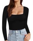 Camiseta feminina MANGOPOP, manga comprida, gola quadrada, preta
