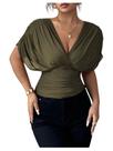 Camiseta feminina Milumia, manga curta, malha franzida, verde militar
