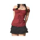 Camiseta Feminina Ombro a Ombro De Renda Com Cordão Estilo Coreano Doce Moda Grunge Streetwear Anos Camiseta Feminina Ombro a Ombro De Renda Com Cordão Estilo Coreano Doce Moda Grunge Streetwear Anos