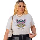 Camiseta Feminina Plus Size De Algodão Estampa De Borboleta Confortável Tamanho Grande Gola Alta