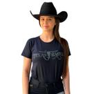 Camiseta Feminina Preta Estampada Brilhos Texas Ranch Moda Country Algodão Baby Look