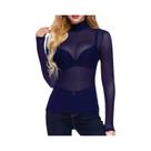 Camiseta Feminina Preta Ultra-Fina De Malha Com Manga Longa, Top Sexy Elástico Justo Com Gola Alta Camiseta Feminina Preta Ultra-Fina De Malha Com Manga Longa, Top Sexy Elástico Justo Com Gola Alta