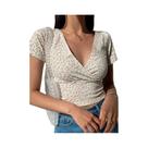 Camiseta Feminina Slim Fit Floral - Decote V, Manga Curta e Cintura Alta - Estilo Retrô Camiseta Feminina Slim Fit Floral - Decote V, Manga Curta e Cintura Alta - Estilo Retrô