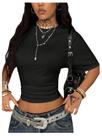 Camiseta feminina SOLY HUX, cintura apertada, franzida, gola redonda, preta