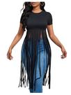 Camiseta feminina SOLY HUX com franjas e gola redonda, justa, preta Camiseta feminina SOLY HUX com franjas e gola redonda, justa, preta