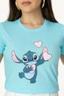 Camiseta Feminina Stitch Coração Blusa T-shirt Algodão Azul Capri Lançamento