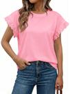 Camiseta feminina Tankaneo, de verão, gola redonda, renda, manga curta, rosa