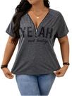 Camiseta feminina Verdusa, tamanho grande, decote em V, estampada, cinza claro Camiseta feminina Verdusa, tamanho grande, decote em V, estampada, cinza claro