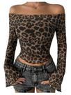 Camiseta feminina WDIRARA Leopard Off Shoulder, marrom, tamanho L Camiseta feminina WDIRARA Leopard Off Shoulder, marrom, tamanho L