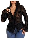 Camiseta feminina WDIRARA plus size de renda floral preta transparente Camiseta feminina WDIRARA plus size de renda floral preta transparente