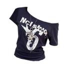 Camiseta Feminina Y2K off Shoulder Com Estampa De Letras Vintage Casual De Verão Com Manga Curta
