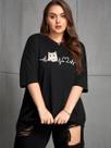 Camiseta Gato Amoroso Blusa Amor Gatinho Bordado Fofo Batimentos Coração Plus Size Oversized T-shirt Ombro Caido Feminin