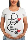 Camiseta Gestante Gravidez Aqui Batem 2 Corações Bata Frase Branca
