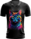 Camiseta Gola V de Gatinho Colorido Neon Vetor 5