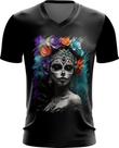Camiseta Gola V La Catrina Mexicana Dama Esqueleto 5 Camiseta Gola V La Catrina Mexicana Dama Esqueleto 5