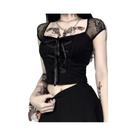 Camiseta Gótica Feminina Preta De Renda Em Tela, Estilo Vintage Bodycon Com Bandagem, Top Casual
