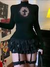 Camiseta Gótica Preta De Manga Longa Com Gola Alta Para Mulheres, Top Sexy Y2K Com Recortes Cruzados