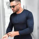 Camiseta HENLEY Summer Slim Fit Manga Longa Gola Redonda AZUL MARINHO